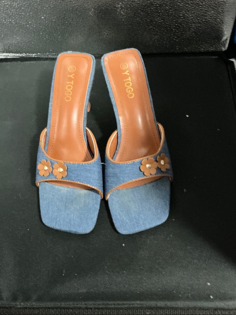 Blue Denim Slide Mules with Tan Floral Accents